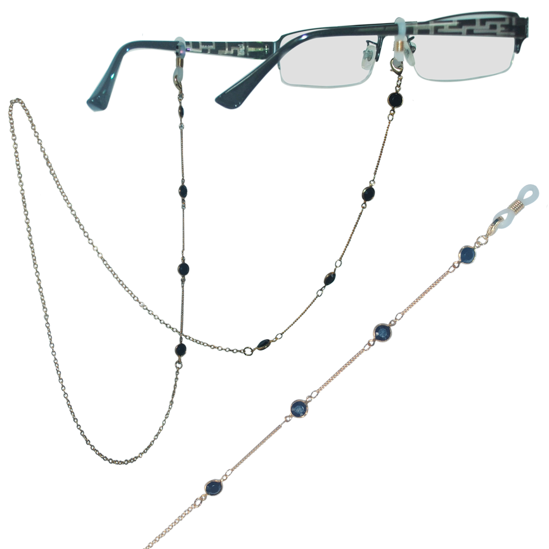 Elegante Damen-Brillenkette aus Messing, verziert mit flachen, facettierten Acrylperlen